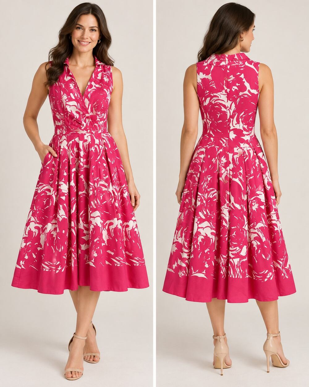Kasper Pink White Floral Fit & Flare Midi Dress Women’s Size 8 Pockets